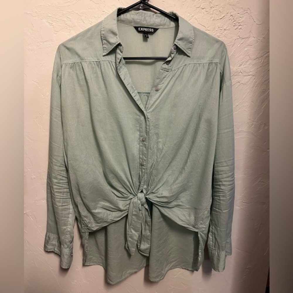 Express Green Tie Front Button Down Top - xsmall